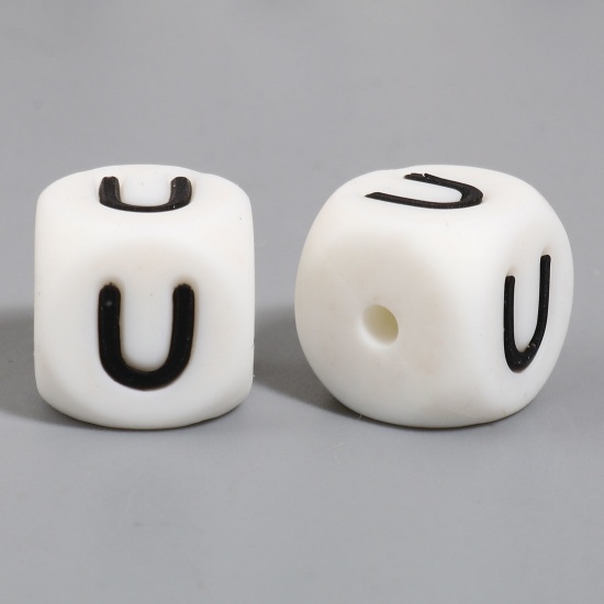 Picture of Silicone Spacer Beads Square White Initial Alphabet/ Capital Letter Pattern Message " U " About 12mm x 12mm, Hole: Approx 2.8mm, 10 PCs