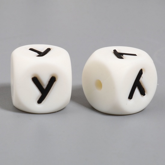 Picture of Silicone Spacer Beads Square White Initial Alphabet/ Capital Letter Pattern Message " Y " About 12mm x 12mm, Hole: Approx 2.8mm, 10 PCs