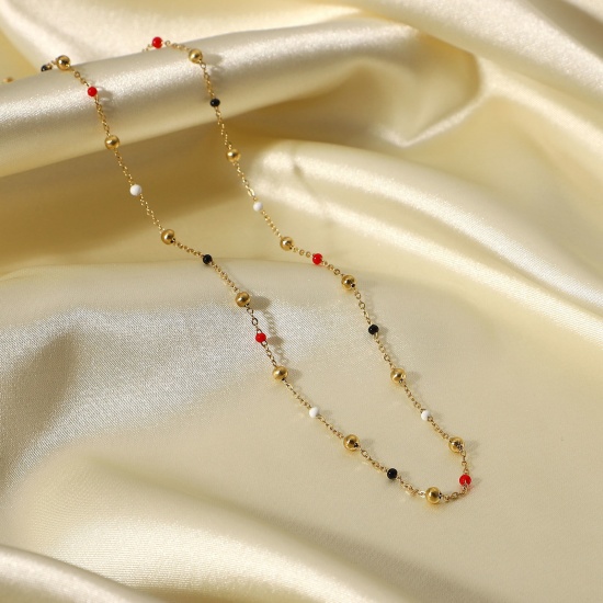 Picture of 1 Piece Vacuum Plating Stainless Steel Necklace 18K Real Gold Plated Round Enamel 40.5cm(16") long