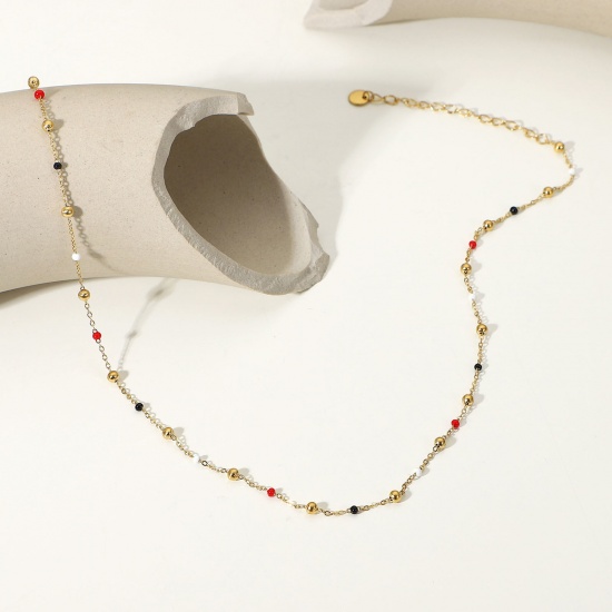 Picture of 1 Piece Vacuum Plating Stainless Steel Necklace 18K Real Gold Plated Round Enamel 40.5cm(16") long