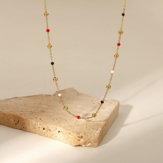 Picture of 1 Piece Vacuum Plating Stainless Steel Necklace 18K Real Gold Plated Round Enamel 40.5cm(16") long