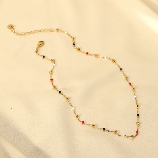 Picture of 1 Piece Vacuum Plating Stainless Steel Necklace 18K Real Gold Plated Round Enamel 40.5cm(16") long