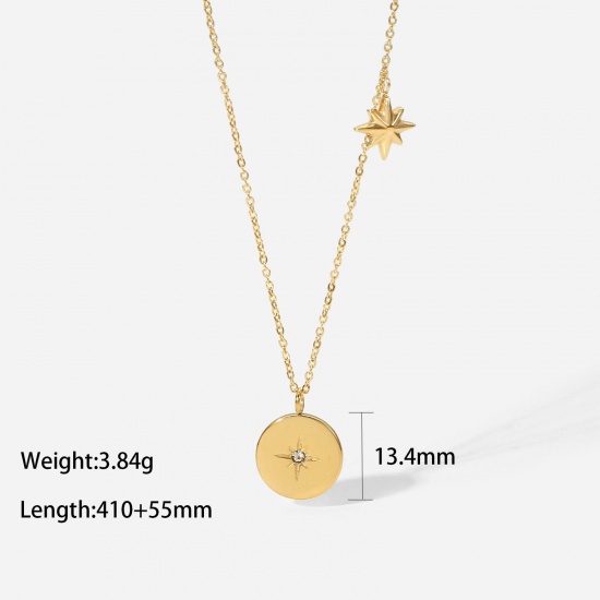 Picture of Eco-friendly Simple & Casual Stylish 18K Real Gold Plated 304 Stainless Steel & Cubic Zirconia Rolo Chain Round Star Pendant Necklace For Women Party 41cm(16 1/8") long, 1 Piece