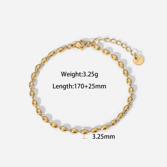 Picture of 1 Piece Vacuum Plating Simple & Casual Stylish 14K Real Gold Plated 304 Stainless Steel Ball Chain Oval Bracelets For Women Party 17cm(6 6/8") long