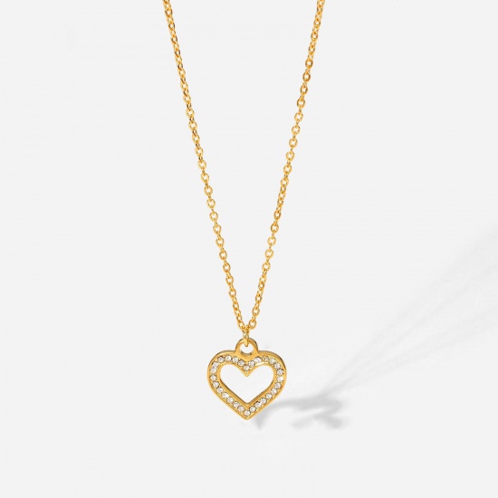Picture of Eco-friendly Sweet & Cute Stylish 18K Real Gold Plated 304 Stainless Steel Rolo Chain Heart Pendant Necklace For Women Valentine's Day 40cm(15 6/8") long, 1 Piece
