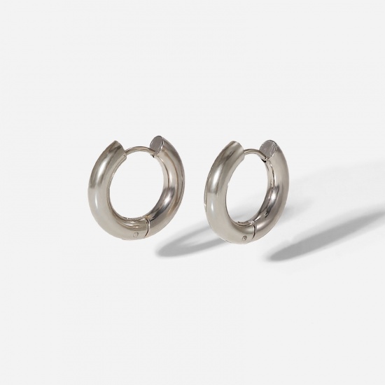 Picture of 1 Pair Vacuum Plating Simple Real Platinum Plated Stainless Steel Circle Ring Hoop Earrings 19mm Dia.