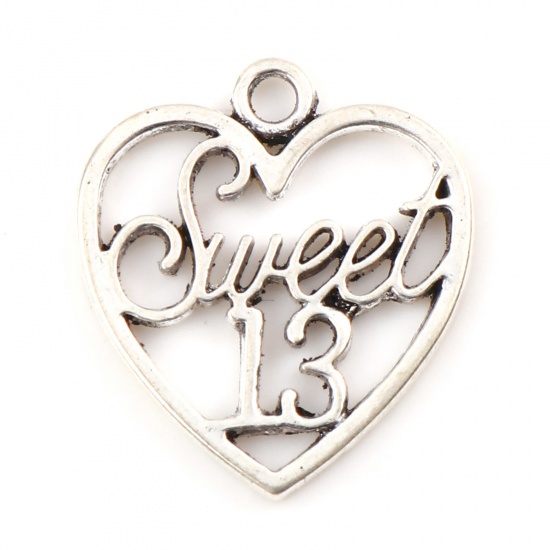 Picture of Zinc Based Alloy Charms Heart Antique Silver Color Message " sweet 13 " Hollow 21mm x 19mm, 20 PCs