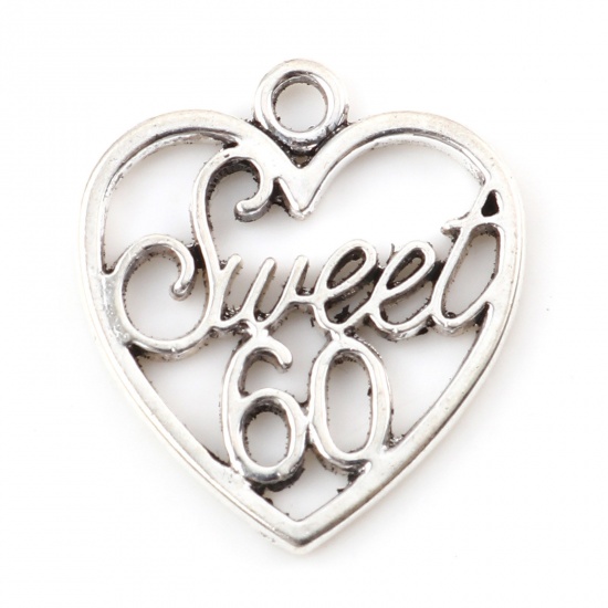 Picture of Zinc Based Alloy Charms Heart Antique Silver Color Message " sweet 60 " Hollow 21mm x 19mm, 20 PCs