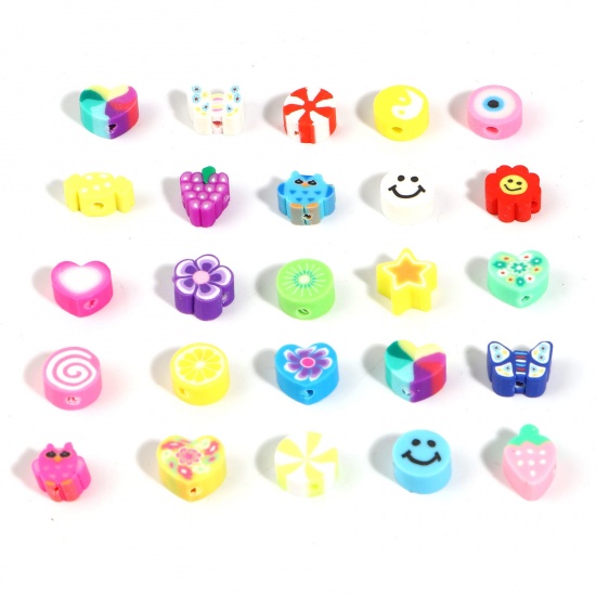 Picture of Polymer Clay Beads Heart At Random Color Pentagram Star Pattern About 11mm x 9mm - 8mm x 8mm, Hole: Approx 2mm, 1 Box (300 PCs/Box)