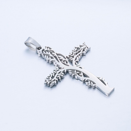 Picture of 201 Stainless Steel Religious Pendants Silver Tone Cross Tree of Life Hollow 5.4cm x 3.1cm, 1 Piece