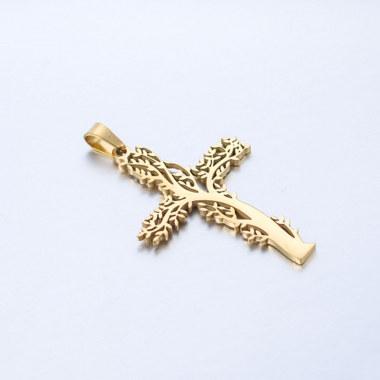 Picture of 201 Stainless Steel Religious Pendants Gold Plated Cross Tree of Life Hollow 5.4cm x 3.1cm, 1 Piece