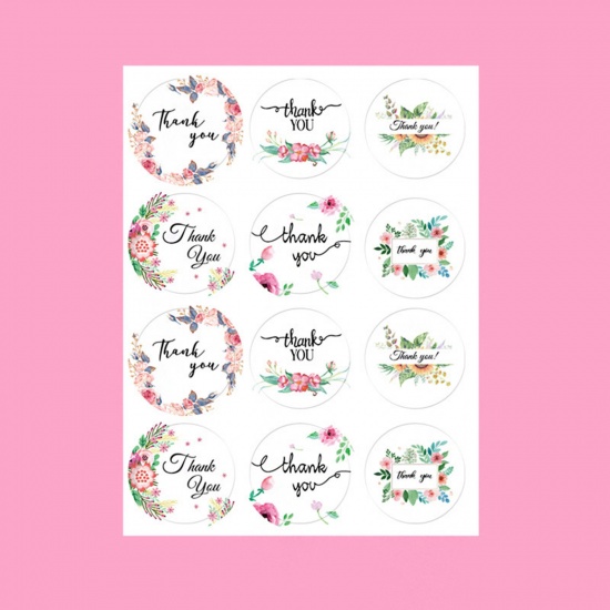 Picture of Paper Seals Stickers Labels Multicolor Round Flower Leaves Message " THANK YOU " 11.7cm x 9cm, 1 Sheet