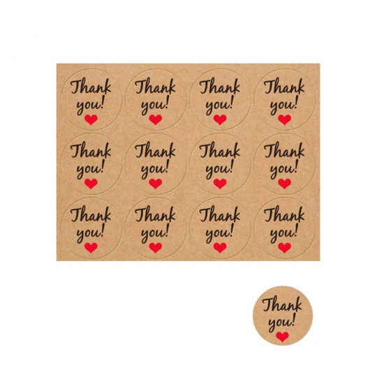 Picture of Paper Seals Stickers Labels Brown Round Heart Message " THANK YOU " 11.7cm x 9cm, 1 Sheet