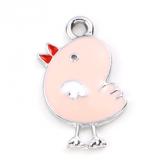 Picture of Zinc Based Alloy Charms Chicken Silver Tone Pink Enamel 20mm x 14mm, 10 PCs