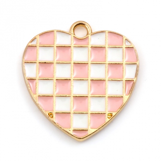 Picture of Zinc Based Alloy Mosaic Charms Heart Gold Plated White & Pink Grid Checker Enamel 18mm x 17mm, 10 PCs