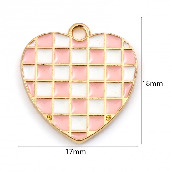 Picture of Zinc Based Alloy Mosaic Charms Heart Gold Plated White & Pink Grid Checker Enamel 18mm x 17mm, 10 PCs