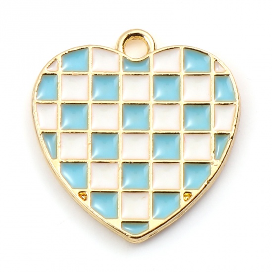 Picture of Zinc Based Alloy Mosaic Charms Heart Gold Plated White & Green Grid Checker Enamel 18mm x 17mm, 10 PCs