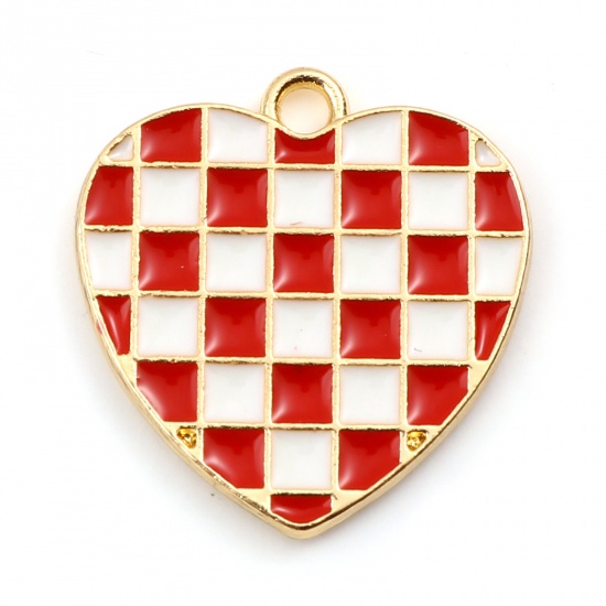 Picture of Zinc Based Alloy Mosaic Charms Heart Gold Plated White & Red Grid Checker Enamel 18mm x 17mm, 10 PCs