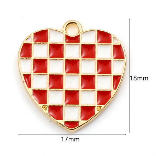 Picture of Zinc Based Alloy Mosaic Charms Heart Gold Plated White & Red Grid Checker Enamel 18mm x 17mm, 10 PCs