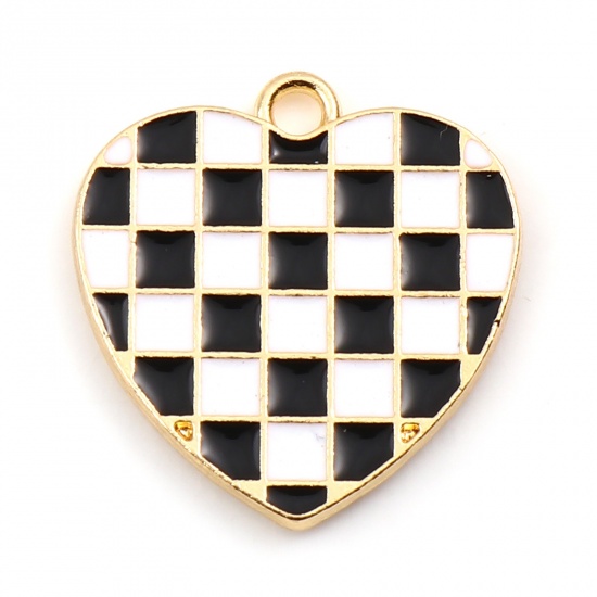 Picture of Zinc Based Alloy Mosaic Charms Heart Gold Plated Black & White Grid Checker Enamel 18mm x 17mm, 10 PCs