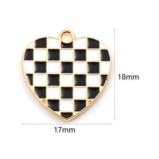 Picture of Zinc Based Alloy Mosaic Charms Heart Gold Plated Black & White Grid Checker Enamel 18mm x 17mm, 10 PCs