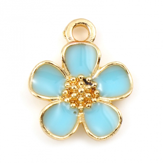 Picture of Zinc Based Alloy Charms Flower Leaves Gold Plated Cyan Enamel 16mm x 13mm, 20 PCs