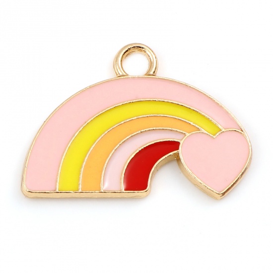 Picture of Zinc Based Alloy Weather Collection Charms Rainbow Gold Plated Pink Enamel 22mm x 15mm, 10 PCs