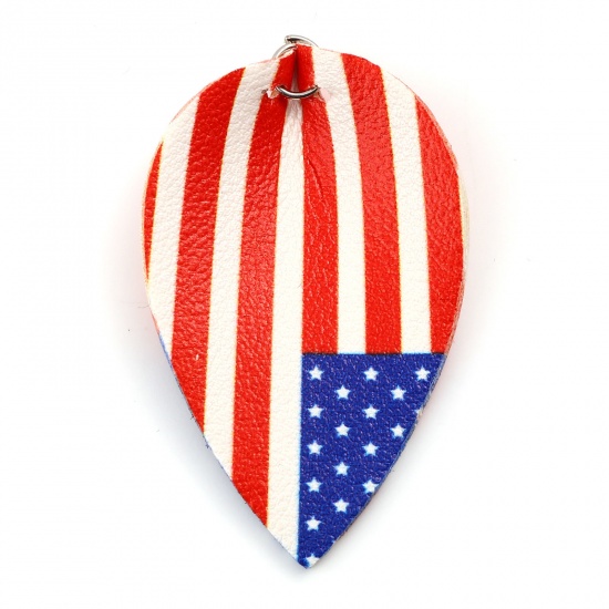 Picture of PU Leather Sport Pendants Leaf Silver Tone Red Flag Of The United States 5.8cm x 3.5cm, 5 PCs
