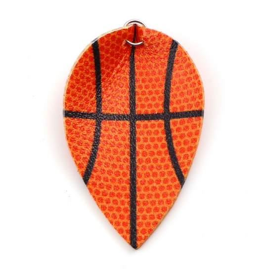 Picture of PU Leather Sport Pendants Leaf Silver Tone Orange Basketball 5.8cm x 3.5cm, 5 PCs