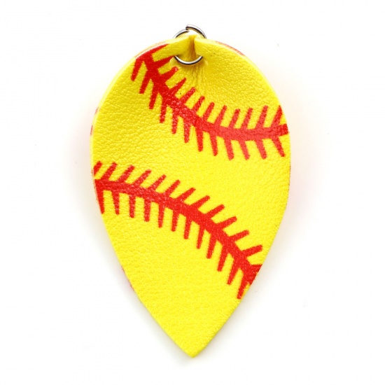 Picture of PU Leather Sport Pendants Leaf Silver Tone Yellow Baseball 5.8cm x 3.5cm, 5 PCs