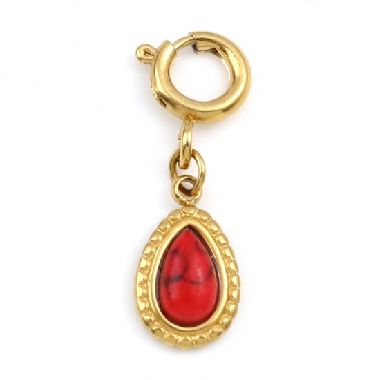Picture of 304 Stainless Steel Charms Drop Real Gold Plated Red With Resin Cabochons Imitation Turquoise 21mm x 6mm, 1 Piece