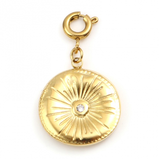 Picture of 304 Stainless Steel Charms Round Real Gold Plated Sun Clear Rhinestone 29mm x 17mm, 1 Piece