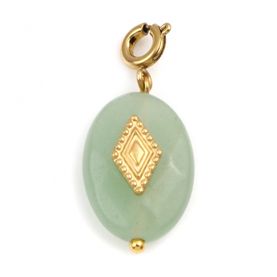 Picture of 304 Stainless Steel & Aventurine Charms Oval Real Gold Plated Rhombus 29mm x 13mm, 1 Piece