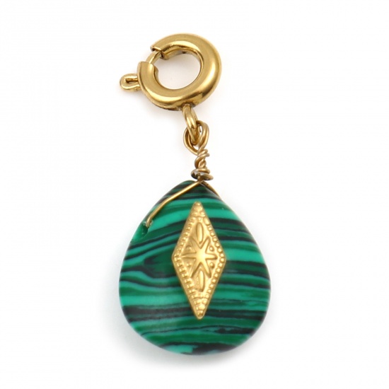 Picture of 304 Stainless Steel & Malachite Charms Drop Real Gold Plated Rhombus 25mm x 10mm, 1 Piece