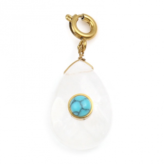 Picture of 304 Stainless Steel & Quartz Rock Crystal Charms Drop Real Gold Plated With Resin Cabochons Imitation Turquoise 29mm x 13mm, 1 Piece