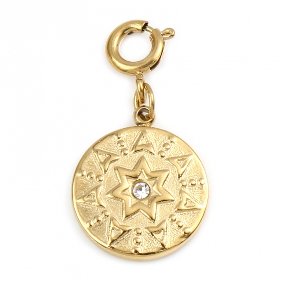 Picture of 304 Stainless Steel Galaxy Charms Round Real Gold Plated Star Clear Rhinestone 27mm x 14mm, 1 Piece