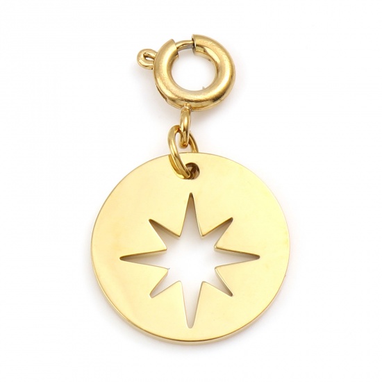 Picture of 304 Stainless Steel Galaxy Charms Round Real Gold Plated Star Hollow 24mm x 14mm, 1 Piece