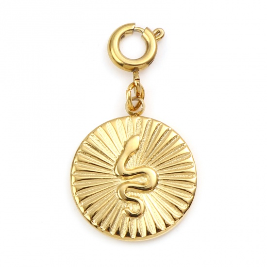Picture of 304 Stainless Steel Pet Silhouette Charms Round Real Gold Plated Snake 28mm x 15mm, 1 Piece