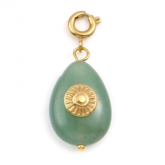 Picture of 304 Stainless Steel & Aventurine Charms Drop Real Gold Plated 3cm x 1.3cm, 1 Piece