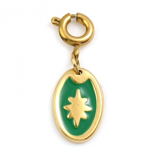 Picture of 304 Stainless Steel Galaxy Charms Oval Real Gold Plated Green Star Enamel 23mm x 8mm, 1 Piece