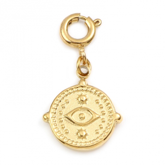 Picture of 304 Stainless Steel Religious Charms Round Real Gold Plated Eye 25mm x 13mm, 1 Piece