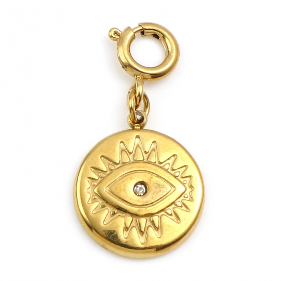 Picture of 304 Stainless Steel Religious Charms Round Real Gold Plated Eye White Rhinestone 25mm x 12mm, 1 Piece