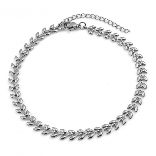 Picture of 304 Stainless Steel Stylish Anklet Silver Tone Leaf 23cm(9") long, 1 Piece