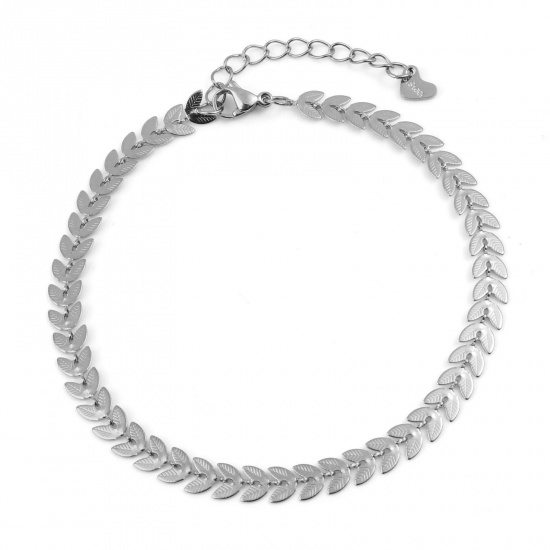 Picture of 304 Stainless Steel Stylish Anklet Silver Tone Leaf 23.5cm(9 2/8") long, 1 Piece