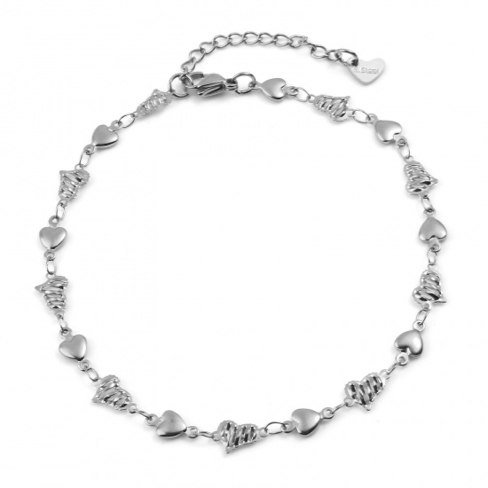 Picture of 304 Stainless Steel Valentine's Day Anklet Silver Tone Heart 23cm(9") long, 1 Piece
