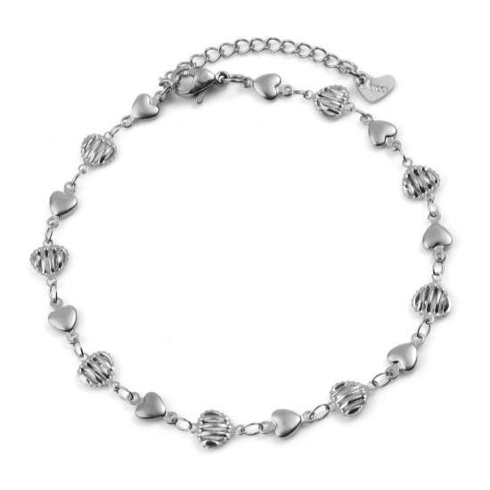 Picture of 304 Stainless Steel Valentine's Day Anklet Silver Tone Heart 22cm(8 5/8") long, 1 Piece