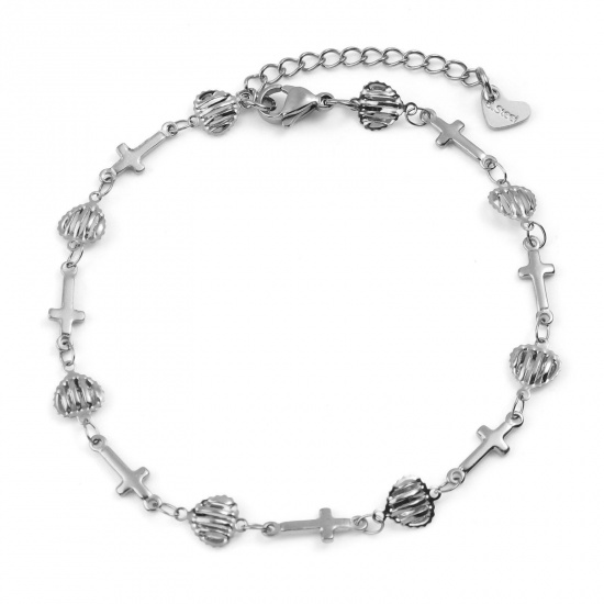 Picture of 304 Stainless Steel Religious Anklet Silver Tone Cross Heart 23cm(9") long, 1 Piece