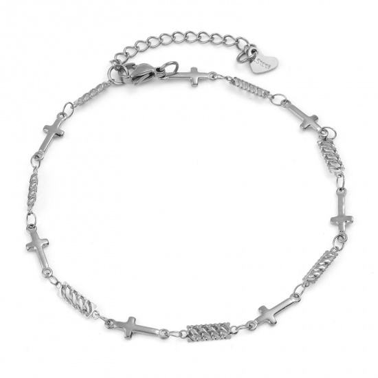 Picture of 304 Stainless Steel Religious Anklet Silver Tone Cross 23.5cm(9 2/8") long, 1 Piece