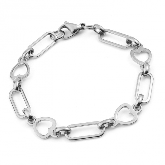 Picture of 304 Stainless Steel Women's Bracelets Silver Tone Heart 19cm(7 4/8") long, 1 Piece
