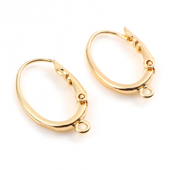 Picture of Brass Lever Back Clips Earrings 18K Real Gold Plated Oval W/ Loop 19.5mm x 12mm, Post/ Wire Size: (21 gauge), 4 PCs                                                                                                                                           